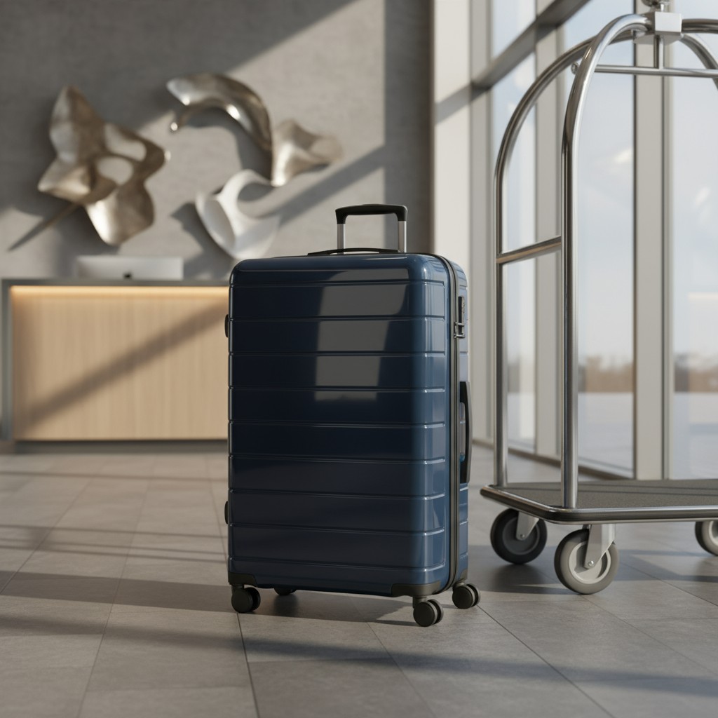 A blue suitcase on the floor stands next to a metal luggage cart, with the cart positioned to the right of the image. The ...